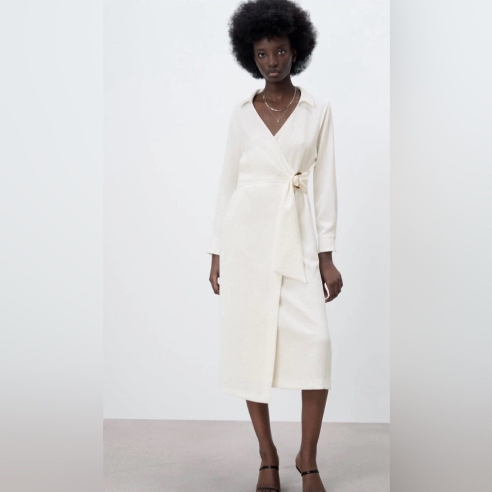 Zara White Ivory Midi Wrap Dress NWT - Picture 3 of 7